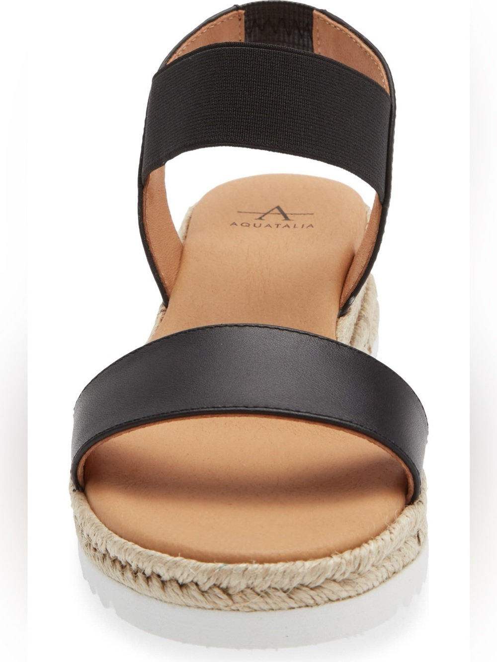 Aquatalia Black Leather Espadrille Wedge Sandal with Elastic Ankle.